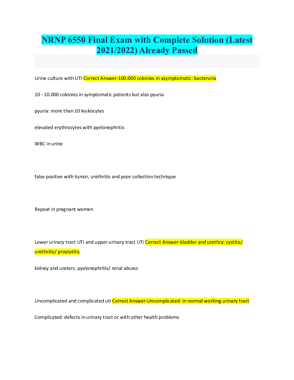 Preview of NRNP 6550 Final Exam with Complete Solution (Latest 2021/2022) Already Passed